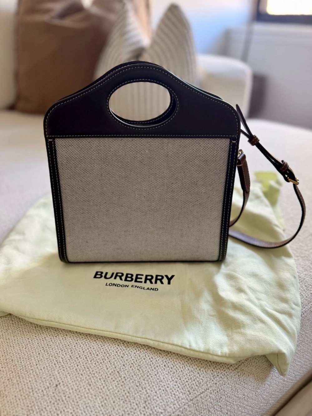 Burberry Black and Natural Canvas Crossbody Tote - Picture 2 of 5